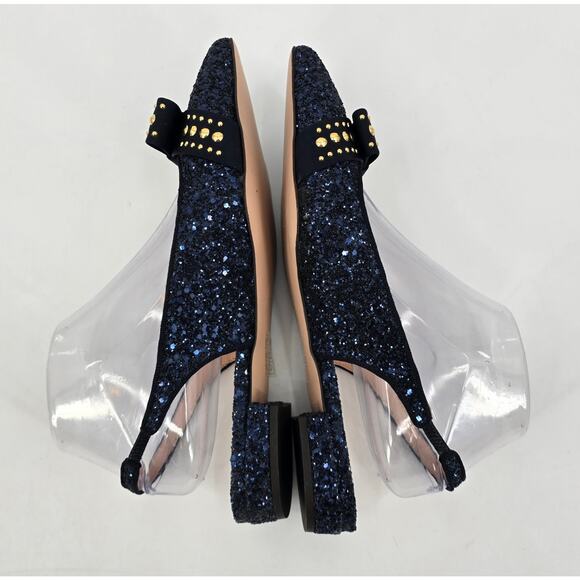 J.Crew Navy Glitter Gwen Slingback Flats with Studded Bow – Size 8 - Picture 5 of 8